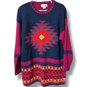 Vintage Margules women’s medium knit sweater shoulder pads tribal Aztec design